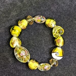 Glass Lampwork Beaded Stretch Bracelet, Various Floral, Cased, Glitter, Faceted